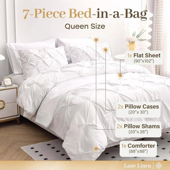 New White 7 Piece Pinch Pleated QUEEN Comforter Bedding Set - Picture 4 of 4